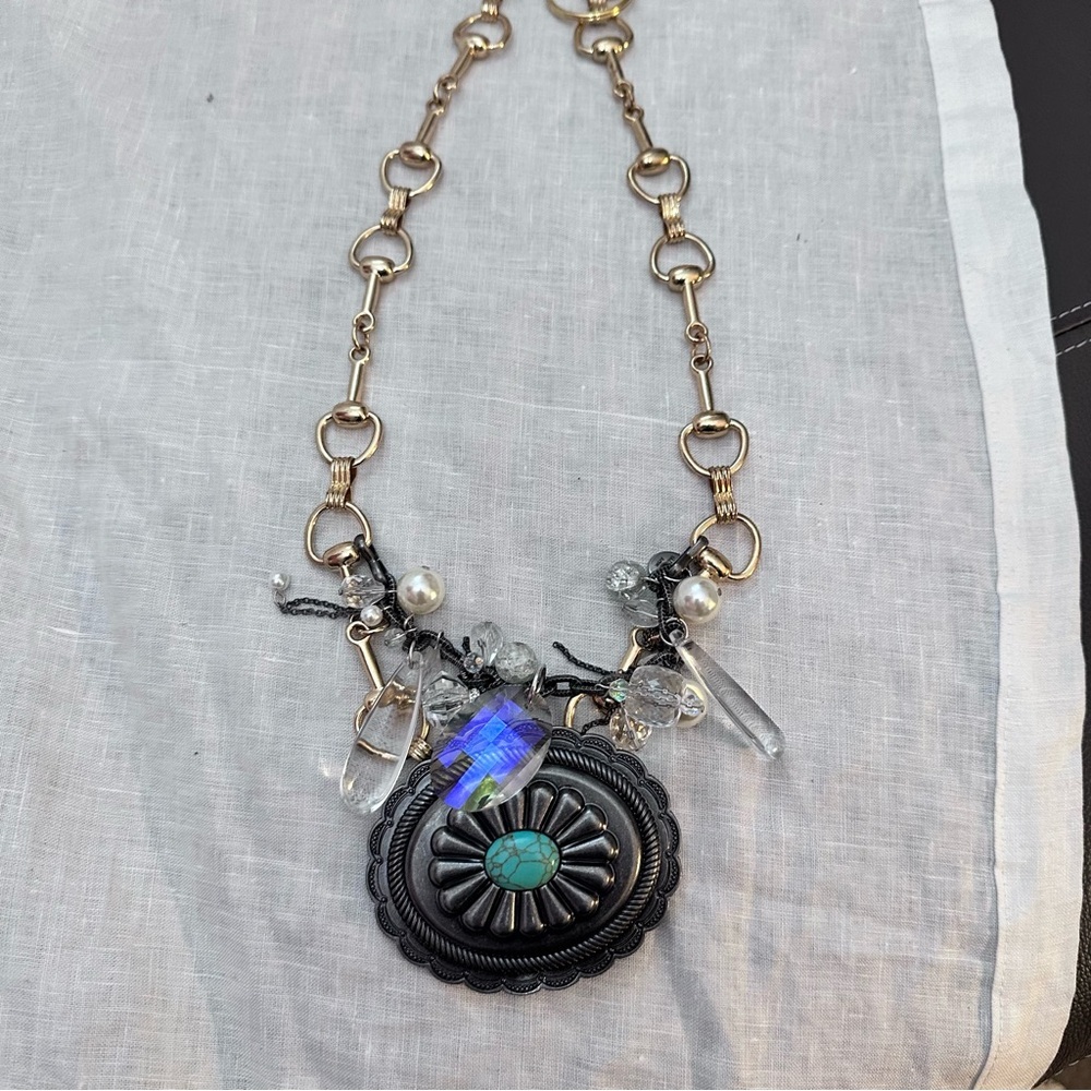 RUBYRUDI Artisan Western Necklace OOAKGold-Link Concho Belt Buckle Up Cycled - Picture 13 of 13